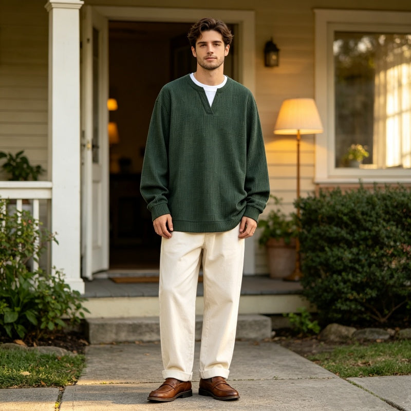 ✨ Easy Layered Style | Men's Waffle-Knit V-Neck Fake Two-Piece Top