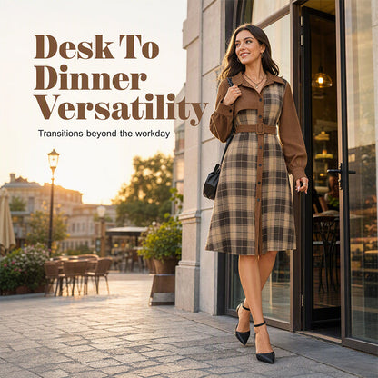 ✨ Polished Elegance | Women's Belted Plaid Button-Front Midi Dress