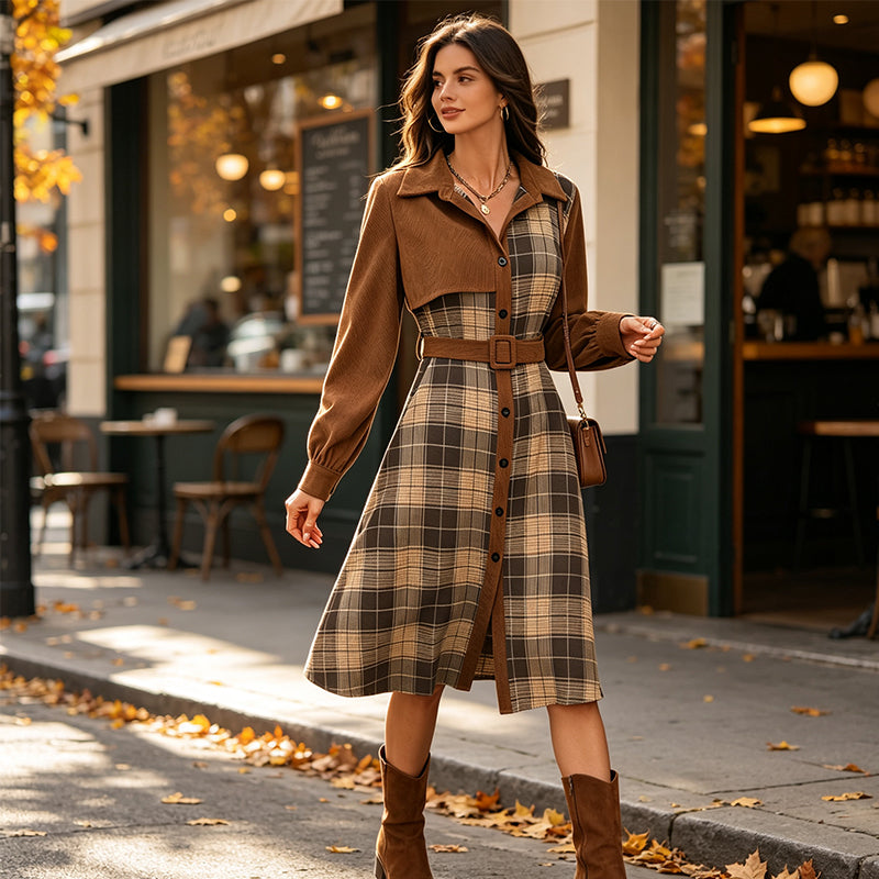 ✨ Polished Elegance | Women's Belted Plaid Button-Front Midi Dress