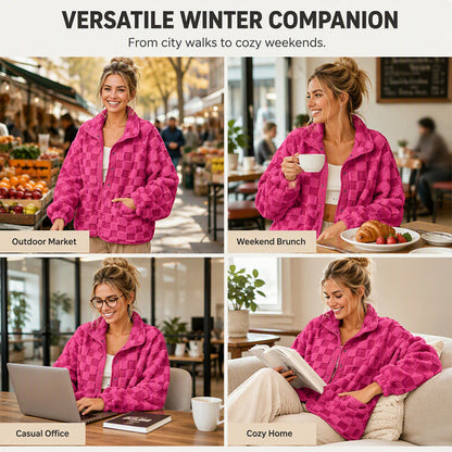 Women's Checkerboard Snap Button Plush Jacket