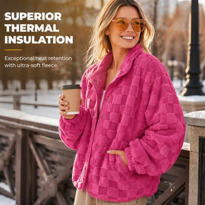 Women's Checkerboard Snap Button Plush Jacket