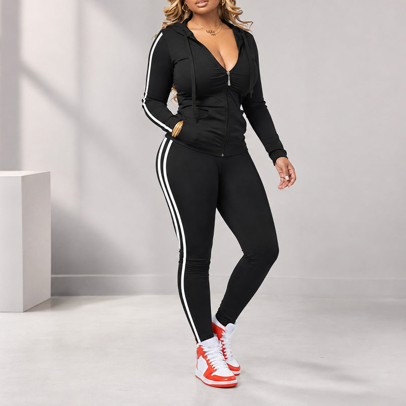 Women's Striped Zip-Up Hoodie & Pants Set