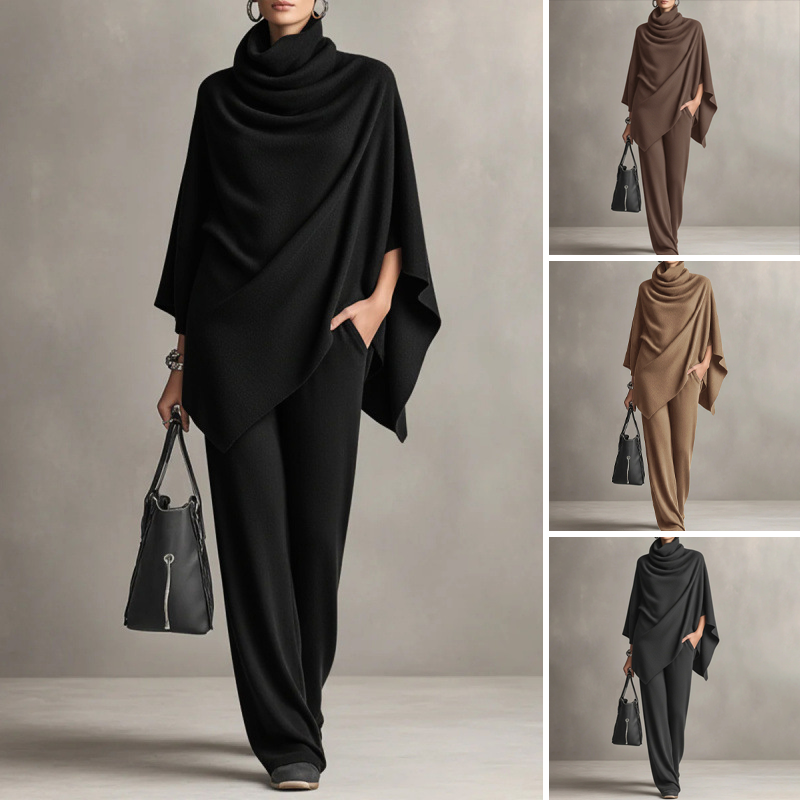 ✨ Elevated Comfort | Women's Cowl-Neck Cape & Wide-Leg Pants 2-Piece Set