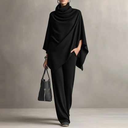 ✨ Elevated Comfort | Women's Cowl-Neck Cape & Wide-Leg Pants 2-Piece Set
