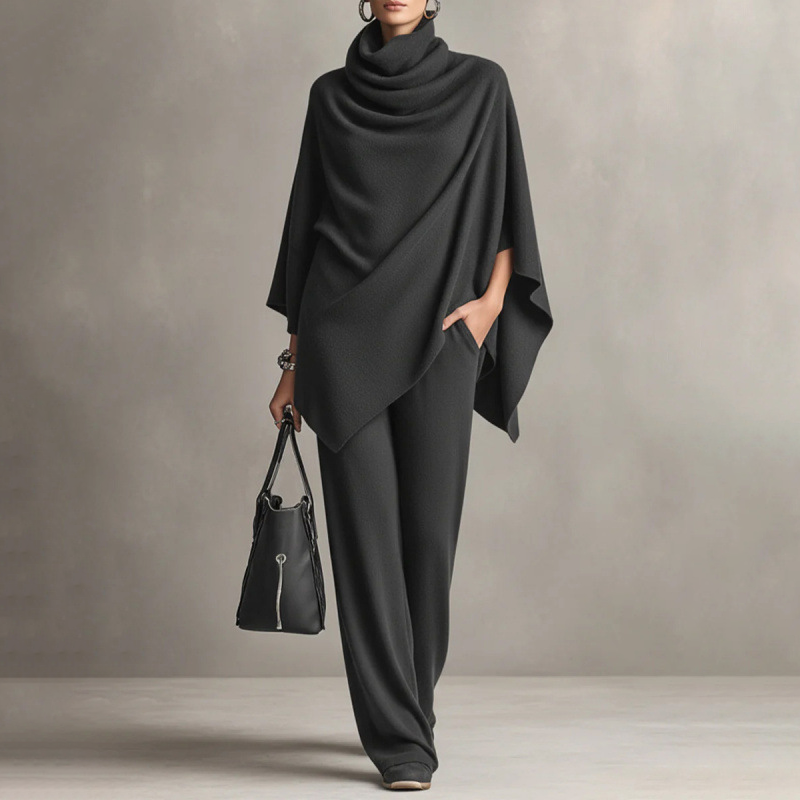 ✨ Elevated Comfort | Women's Cowl-Neck Cape & Wide-Leg Pants 2-Piece Set
