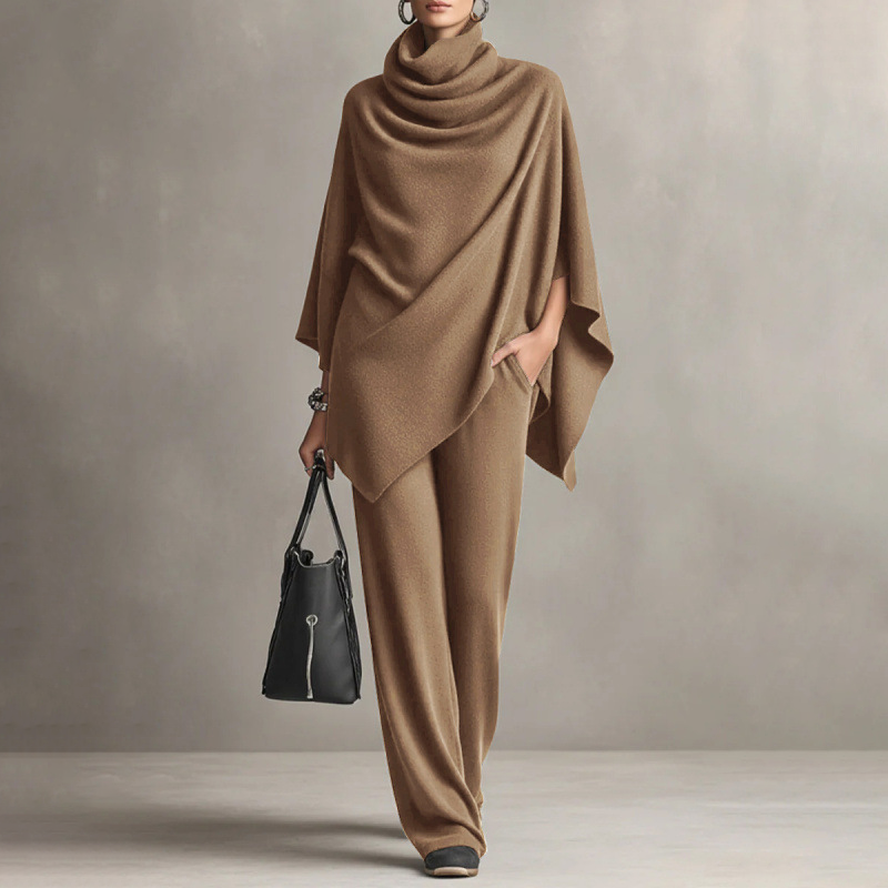 ✨ Elevated Comfort | Women's Cowl-Neck Cape & Wide-Leg Pants 2-Piece Set