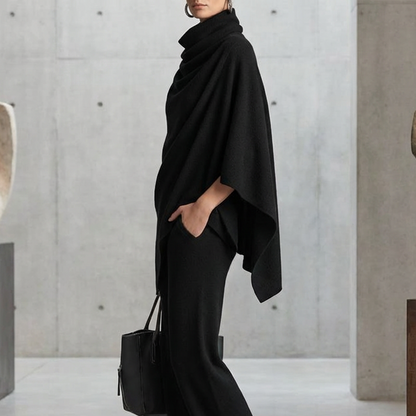 ✨ Elevated Comfort | Women's Cowl-Neck Cape & Wide-Leg Pants 2-Piece Set