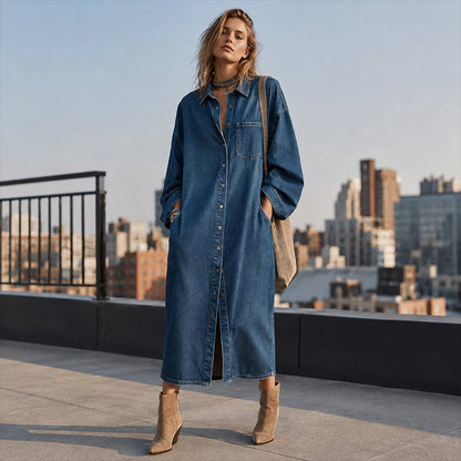 ✨ Easy Denim Style | Women's Relaxed Button-Front Denim Shirt Dress