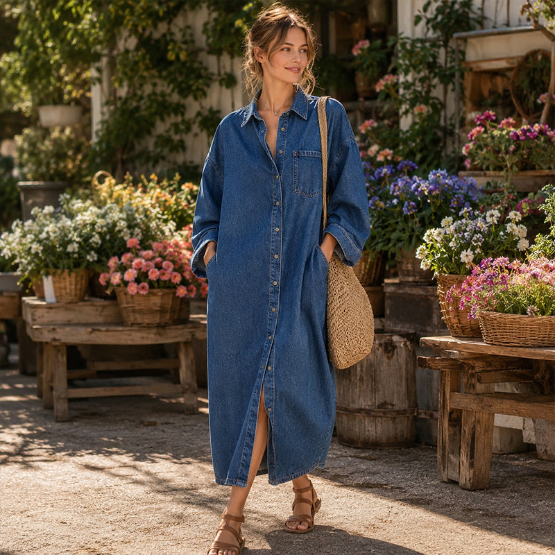 ✨ Easy Denim Style | Women's Relaxed Button-Front Denim Shirt Dress
