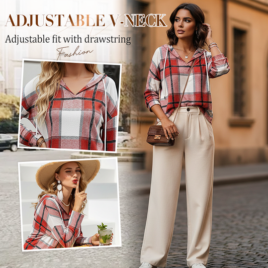 Women's Plaid Hooded Long Sleeve Drawstring V Neck Shirts