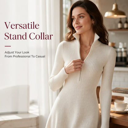 ✨ Flattering Elegance | Women's Ribbed Knit Half-Zip Slim-Fit Dress