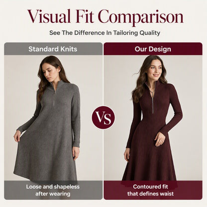 ✨ Flattering Elegance | Women's Ribbed Knit Half-Zip Slim-Fit Dress