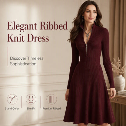 ✨ Flattering Elegance | Women's Ribbed Knit Half-Zip Slim-Fit Dress