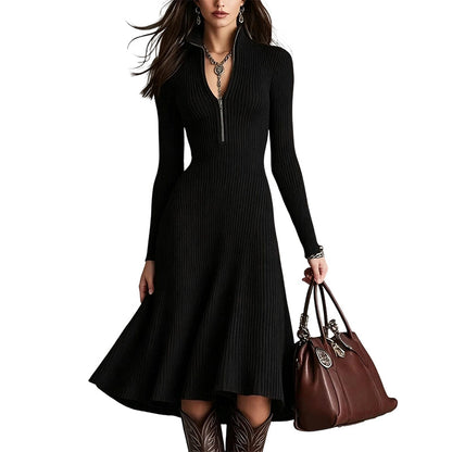 ✨ Flattering Elegance | Women's Ribbed Knit Half-Zip Slim-Fit Dress