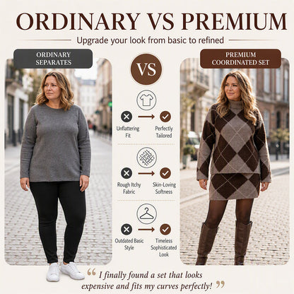⏳LAST DAY SALE 🍂✨ Women's Argyle Knit Sweater & Skirt Set – Elegant, Cosy & Effortlessly Chic