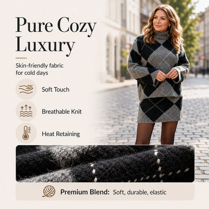 ⏳LAST DAY SALE 🍂✨ Women's Argyle Knit Sweater & Skirt Set – Elegant, Cosy & Effortlessly Chic
