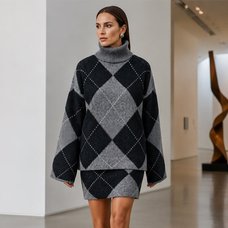 ⏳LAST DAY SALE 🍂✨ Women's Argyle Knit Sweater & Skirt Set – Elegant, Cosy & Effortlessly Chic