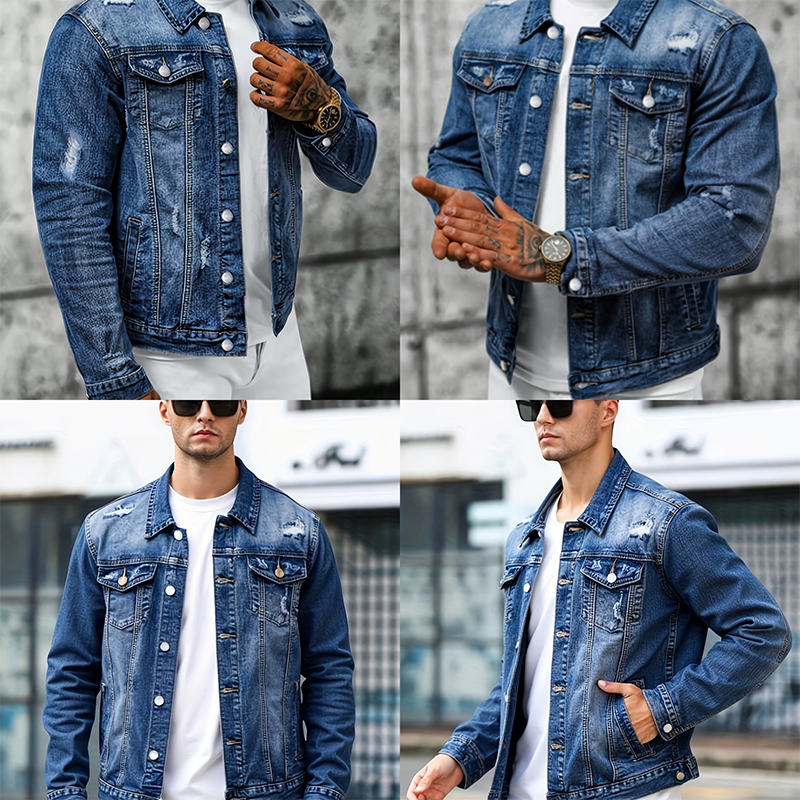 Men’s Casual Vintage-Wash Distressed Denim Jacket