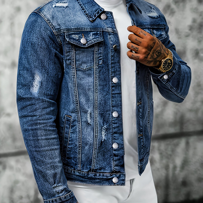 Men’s Casual Vintage-Wash Distressed Denim Jacket