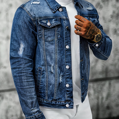 Men’s Casual Vintage-Wash Distressed Denim Jacket