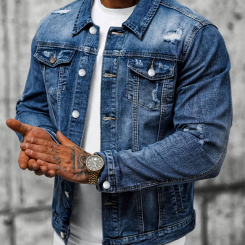 Men’s Casual Vintage-Wash Distressed Denim Jacket