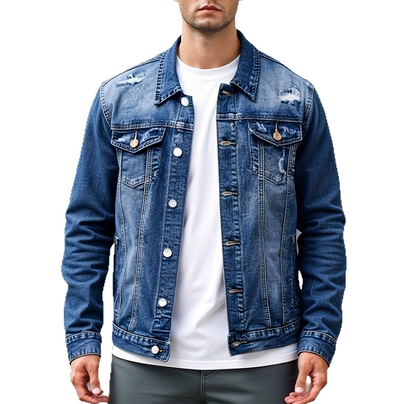 Men’s Casual Vintage-Wash Distressed Denim Jacket
