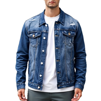Men’s Casual Vintage-Wash Distressed Denim Jacket