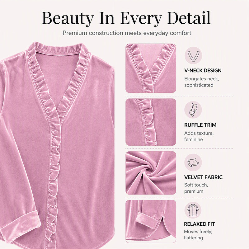 🌸 Ruffle Detail, Easy Elegance | Women's Solid-Color Ruffle-Neck Blouse