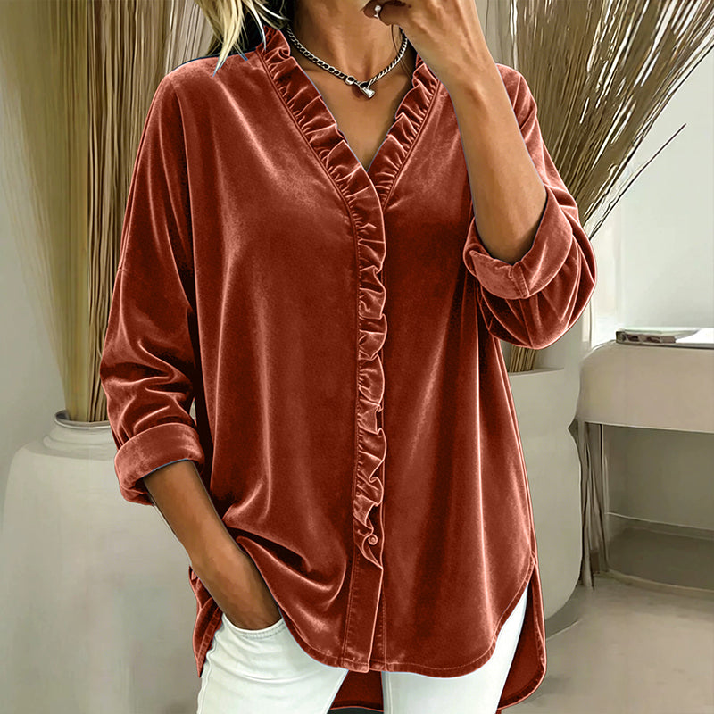 🌸 Ruffle Detail, Easy Elegance | Women's Solid-Color Ruffle-Neck Blouse