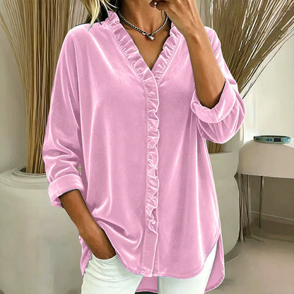 🌸 Ruffle Detail, Easy Elegance | Women's Solid-Color Ruffle-Neck Blouse