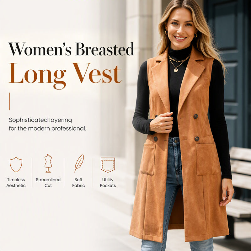 Women's Breasted Long Vest with Pockets