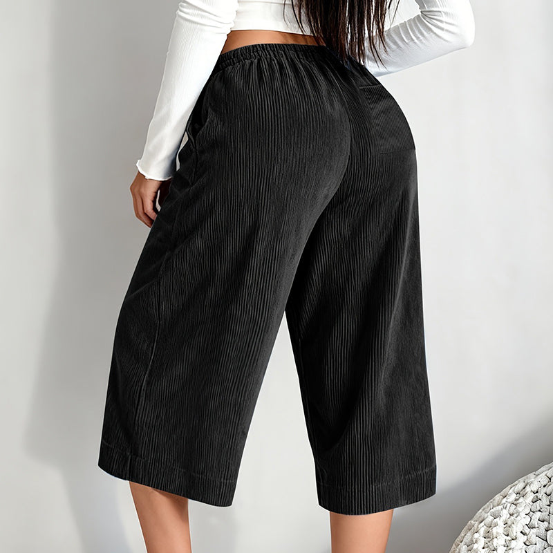 Women's Ribbed Wide-Leg Drawstring Cropped Pants