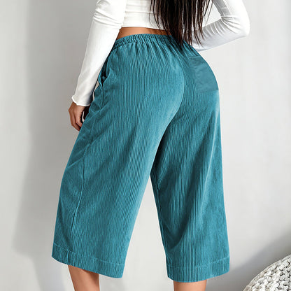 Women's Ribbed Wide-Leg Drawstring Cropped Pants