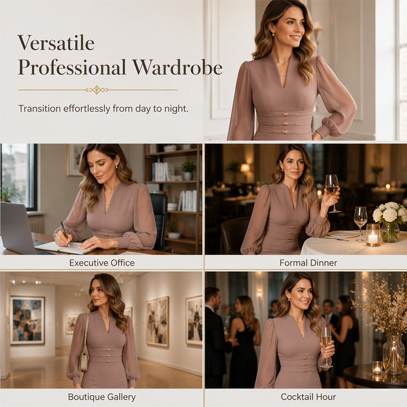Women's Elegant V-Neck Bishop-Sleeve Bodycon Dress