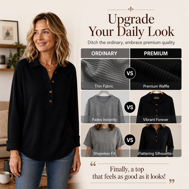 ✨ Easy Everyday Comfort | Women's Waffle-Knit Henley Long-Sleeve Top
