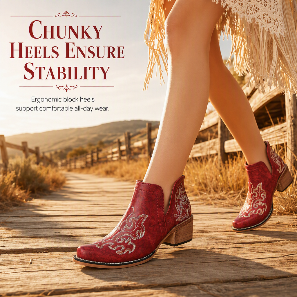 🤠 Western Charm | Women's V-Cut Embroidered Block-Heel Ankle Boots ⚡ Free Shipping