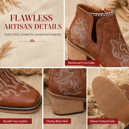 🤠 Western Charm | Women's V-Cut Embroidered Block-Heel Ankle Boots ⚡ Free Shipping