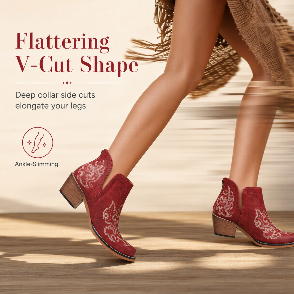 🤠 Western Charm | Women's V-Cut Embroidered Block-Heel Ankle Boots ⚡ Free Shipping