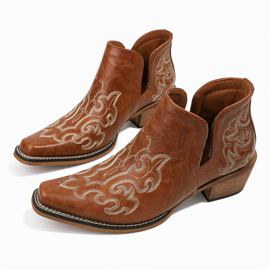 🤠 Western Charm | Women's V-Cut Embroidered Block-Heel Ankle Boots ⚡ Free Shipping