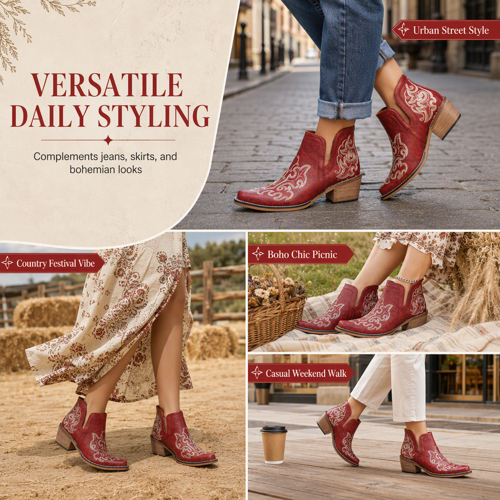 🤠 Western Charm | Women's V-Cut Embroidered Block-Heel Ankle Boots ⚡ Free Shipping