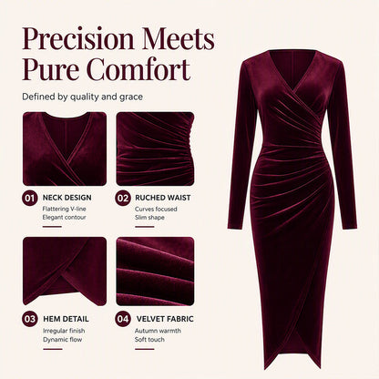 Women's V-Neck Velvet Ruched Bodycon Dress