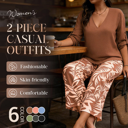 Women's V-Neck Blouse & Printed Wide-Leg Pants Set