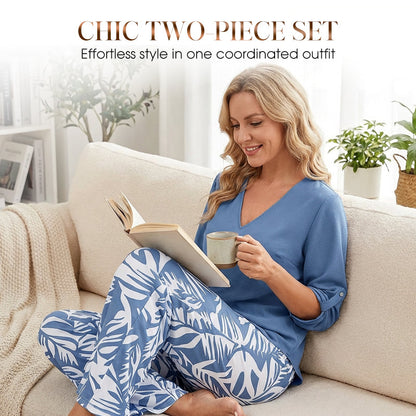 Women's V-Neck Blouse & Printed Wide-Leg Pants Set
