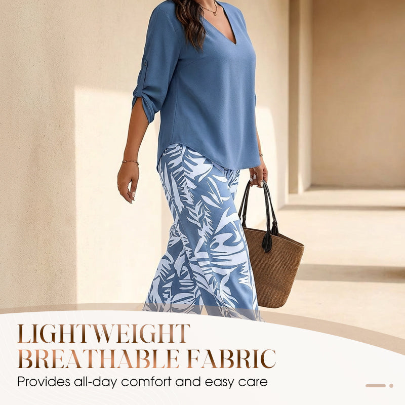 Women's V-Neck Blouse & Printed Wide-Leg Pants Set