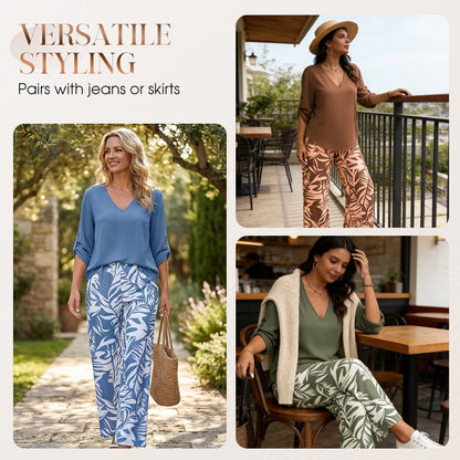 Women's V-Neck Blouse & Printed Wide-Leg Pants Set