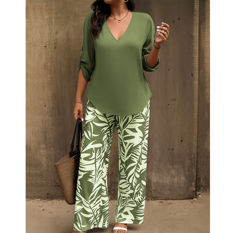 Women's V-Neck Blouse & Printed Wide-Leg Pants Set