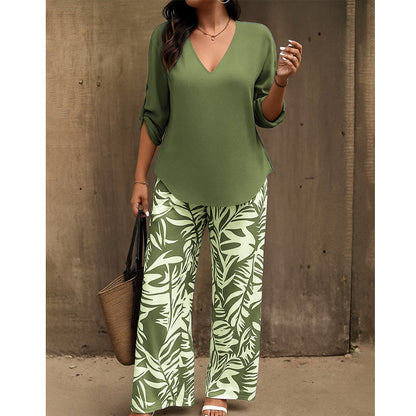 Women's V-Neck Blouse & Printed Wide-Leg Pants Set