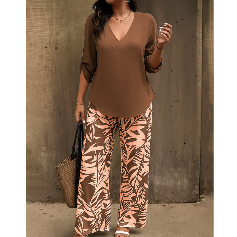 Women's V-Neck Blouse & Printed Wide-Leg Pants Set