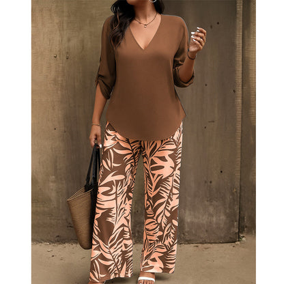 Women's V-Neck Blouse & Printed Wide-Leg Pants Set