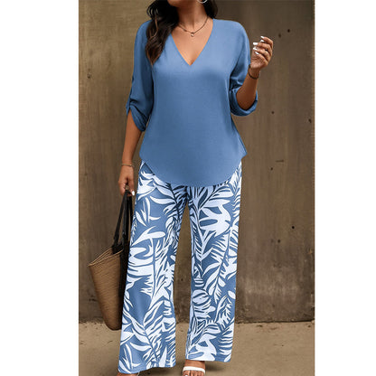 Women's V-Neck Blouse & Printed Wide-Leg Pants Set